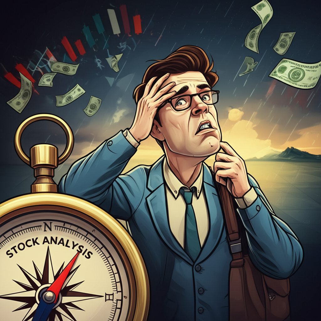 困惑投資者在風暴般的股市中迷失,資金四散飛揚,而標有股票分析的指南針指向平靜的前方