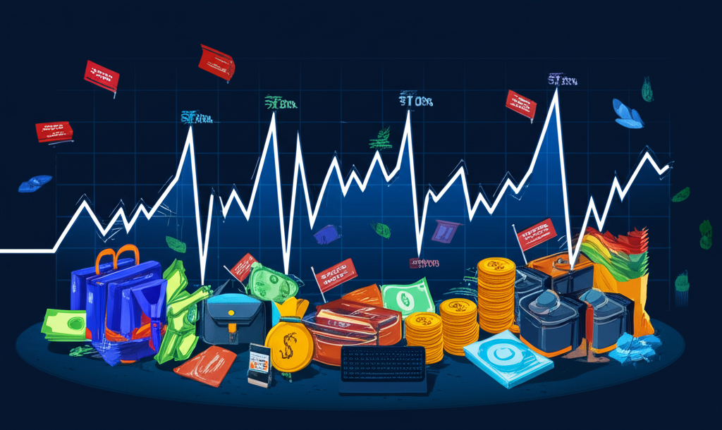 金融市場如活力生態系統,心跳線象徵波動率,圖表顯示價格多變,涵蓋平靜與狂亂狀態,以及多元資產組合的插圖