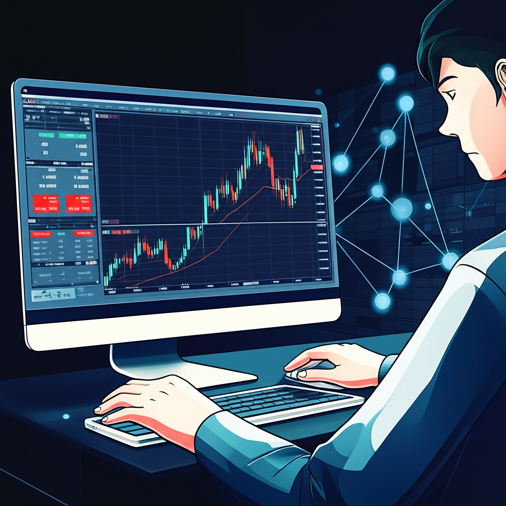 全球交易平台插圖,展示圖表指標與電腦交易畫面,象徵 MT4 的廣泛應用與強大分析工具