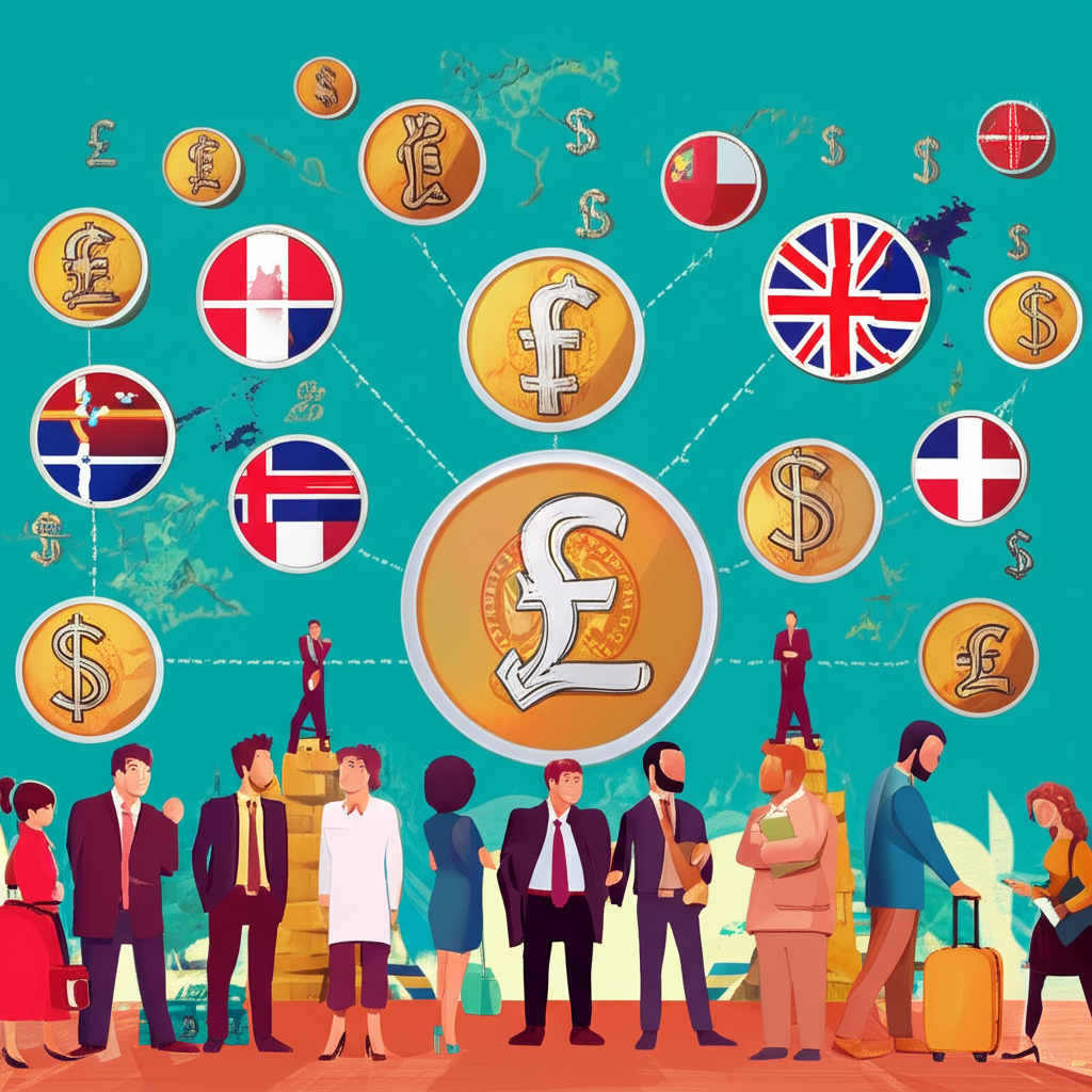 英鎊貨幣影響全球市場的插圖，顯示連接線條連結不同國家與金融符號，以及多元人群注視波動貨幣圖表