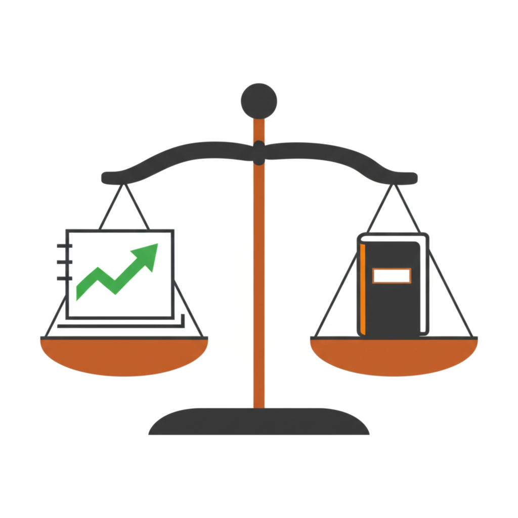 An illustration of a balance scale with a stock chart on one side and a company book on the other representing price to book ratio a financial concept for stock valuation