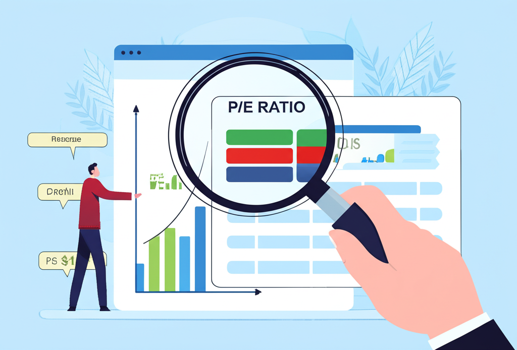 投資者透過放大鏡檢視股票圖表與本益比數據的插圖,象徵投資決策與市場分析
