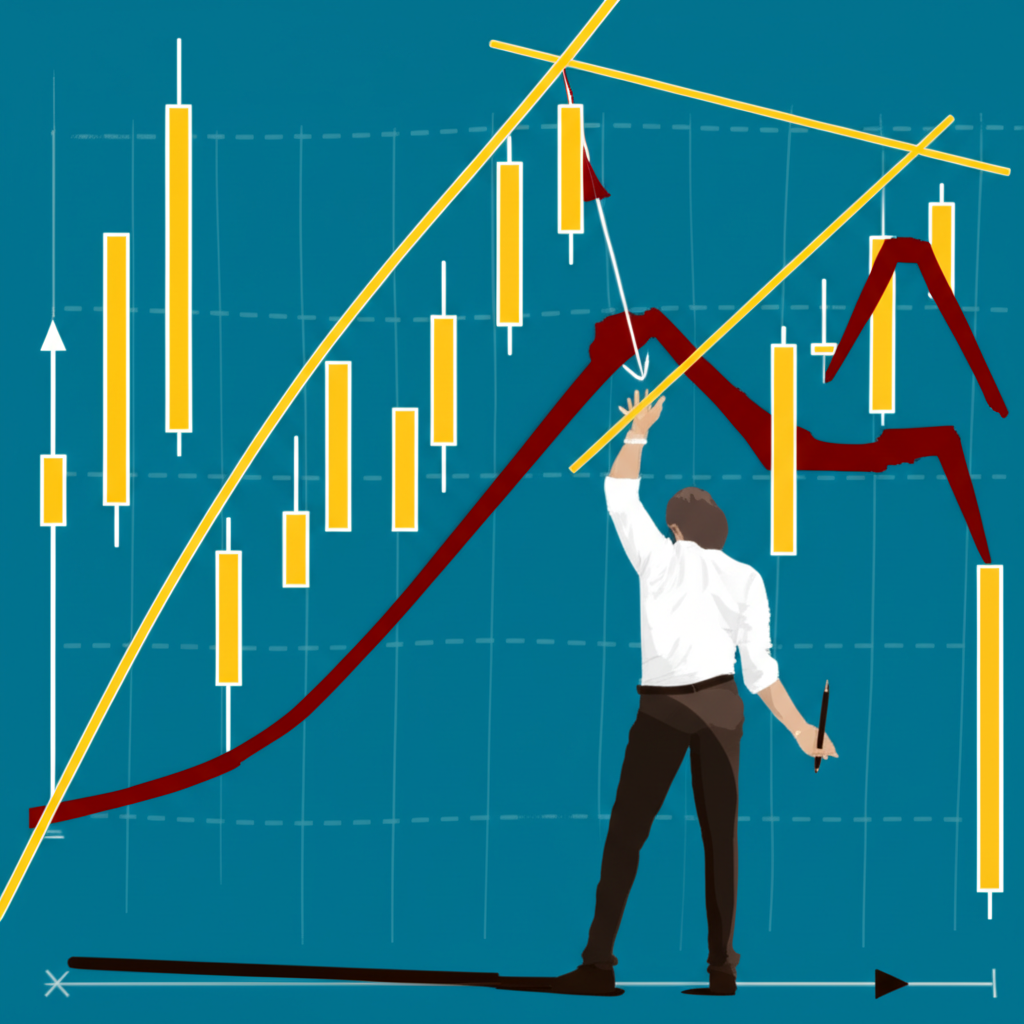 股票走勢圖展示反轉型態,從上漲轉向下漲的轉折,交易者專注分析風險與機會