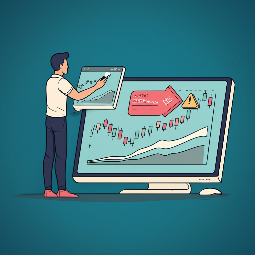 投資者坐在電腦前分析股票圖表與不同訂單類型如市價單和限價單,突顯股票交易中的效率與風險插圖