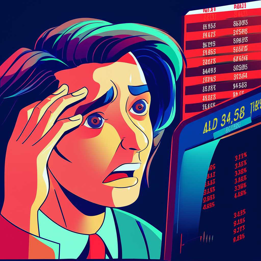 投資人面對股票突然停止交易時的恐慌與不安，盯著螢幕上的股價圖表露出擔憂表情的插圖