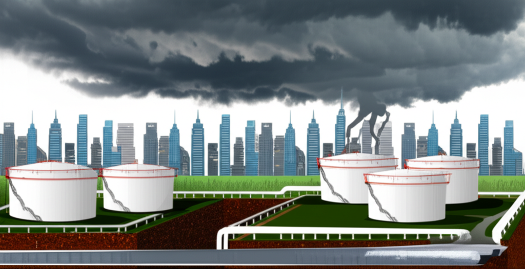 國家石油儲備設施插圖，展示地下儲罐與管道保護城市免受供應中斷風暴影響，象徵經濟穩定與能源安全