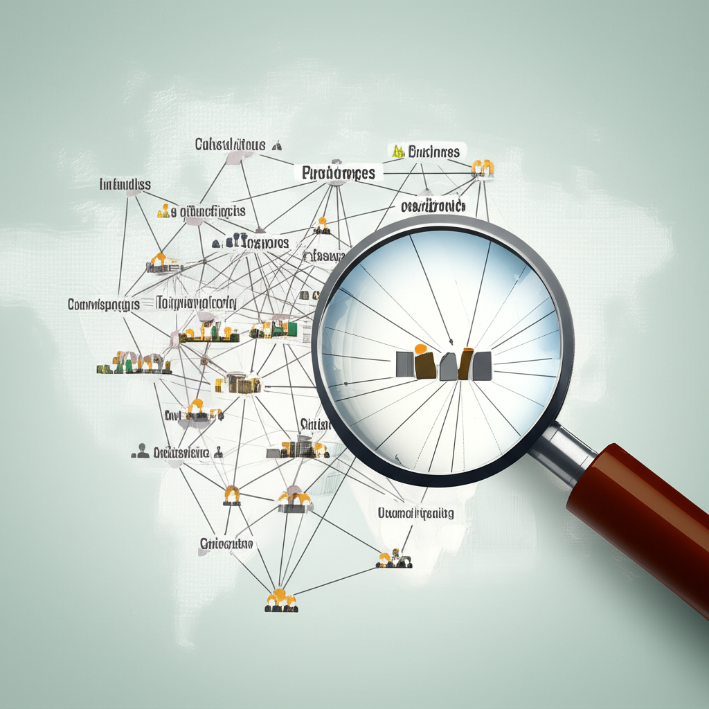 經濟網絡與行業分類的插圖,顯示互聯企業和放大鏡強調分類對國家經濟及個人職業的影響