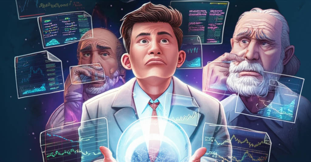 困惑投資人面對浮動股價圖表與金融資料，周圍環繞水晶球與懷疑的智者，象徵技術分析的兩極觀點