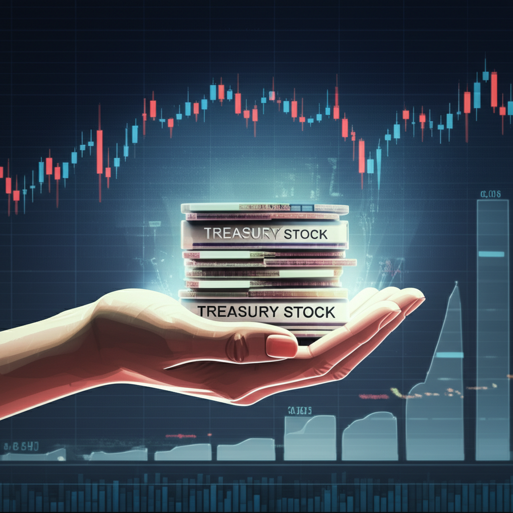 公司手持發光的庫藏股堆疊，象徵暫時凍結不流通的股票在金融背景中