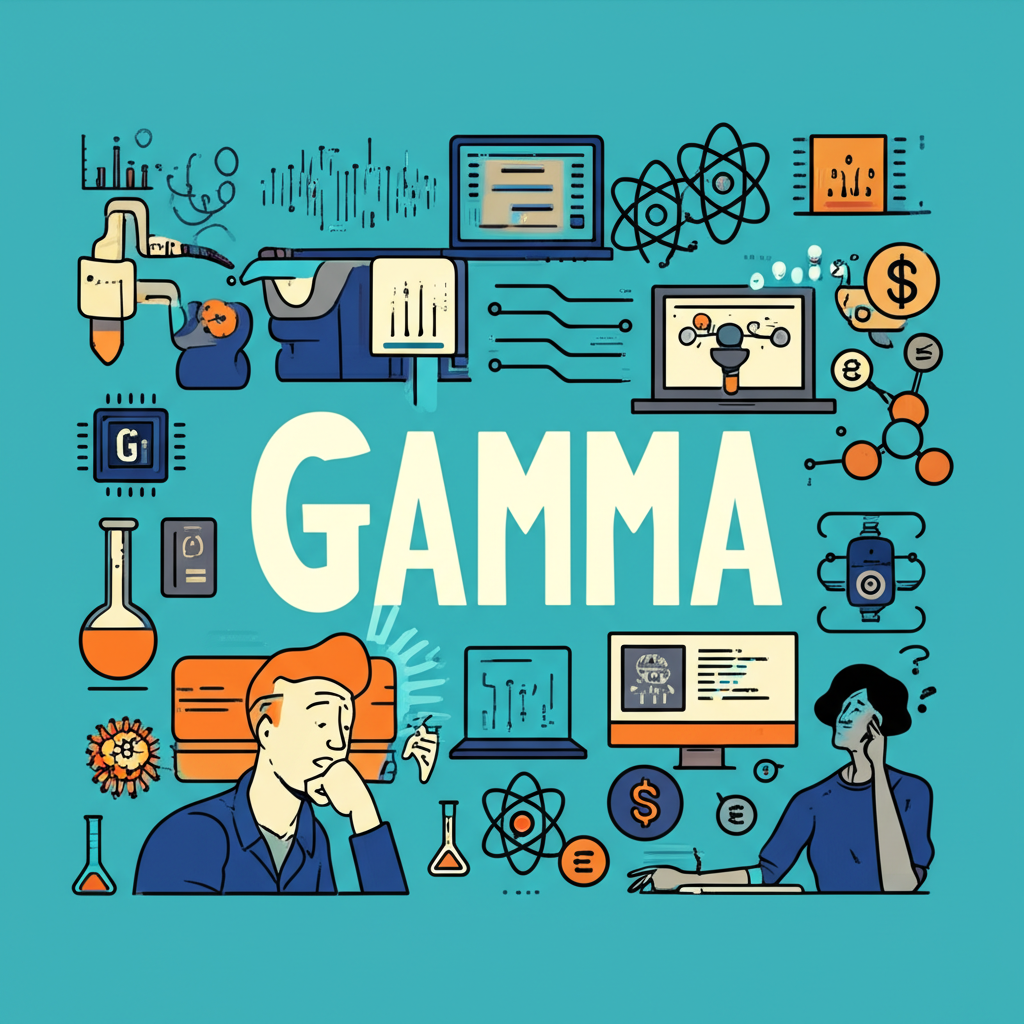 Gamma 詞彙在科技、金融、科學領域的多元應用插圖,包含困惑人物與綜合指南元素