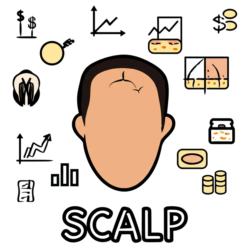 頭皮的多重含義插圖,展示從身體部位到金融概念的象徵