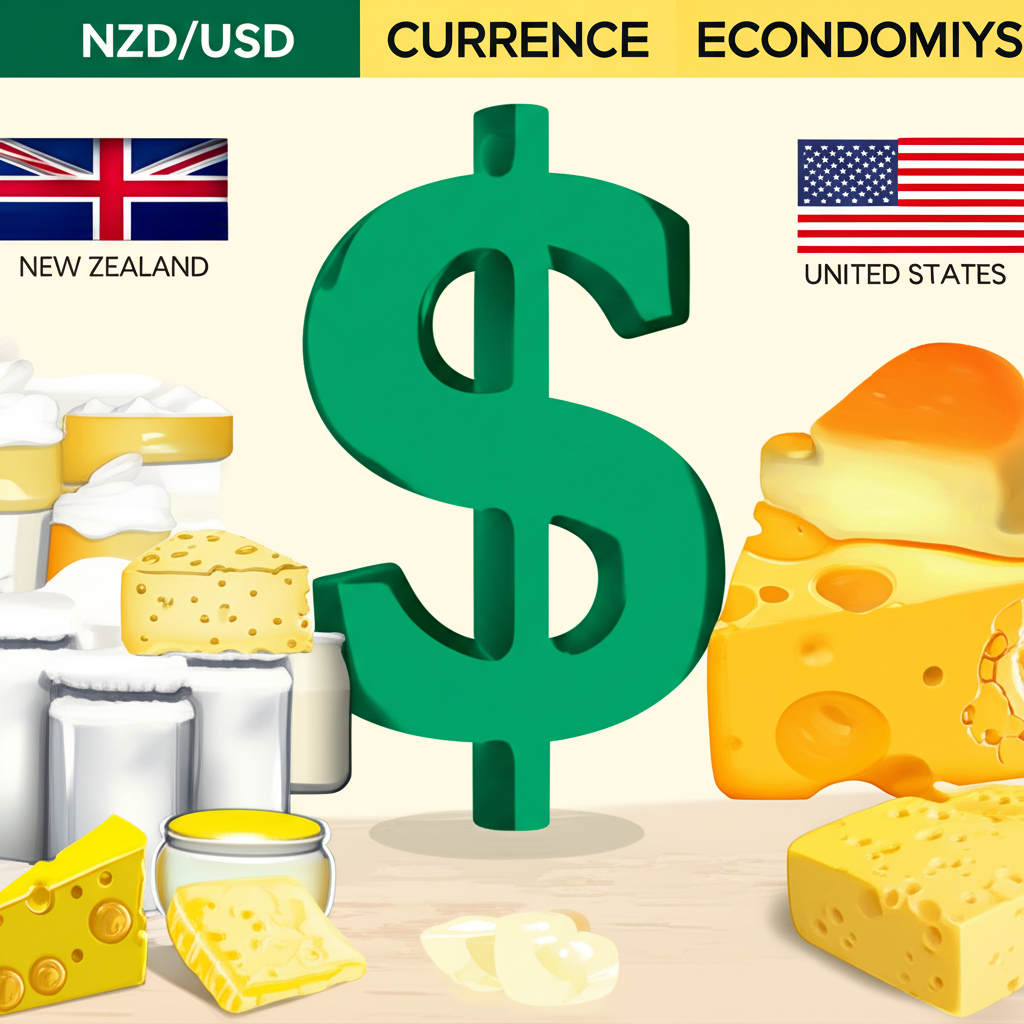 NZD/USD貨幣對插圖，展示紐西蘭與美國經濟連結，包含乳製品元素與美元符號，象徵商品貨幣與避險資產特性