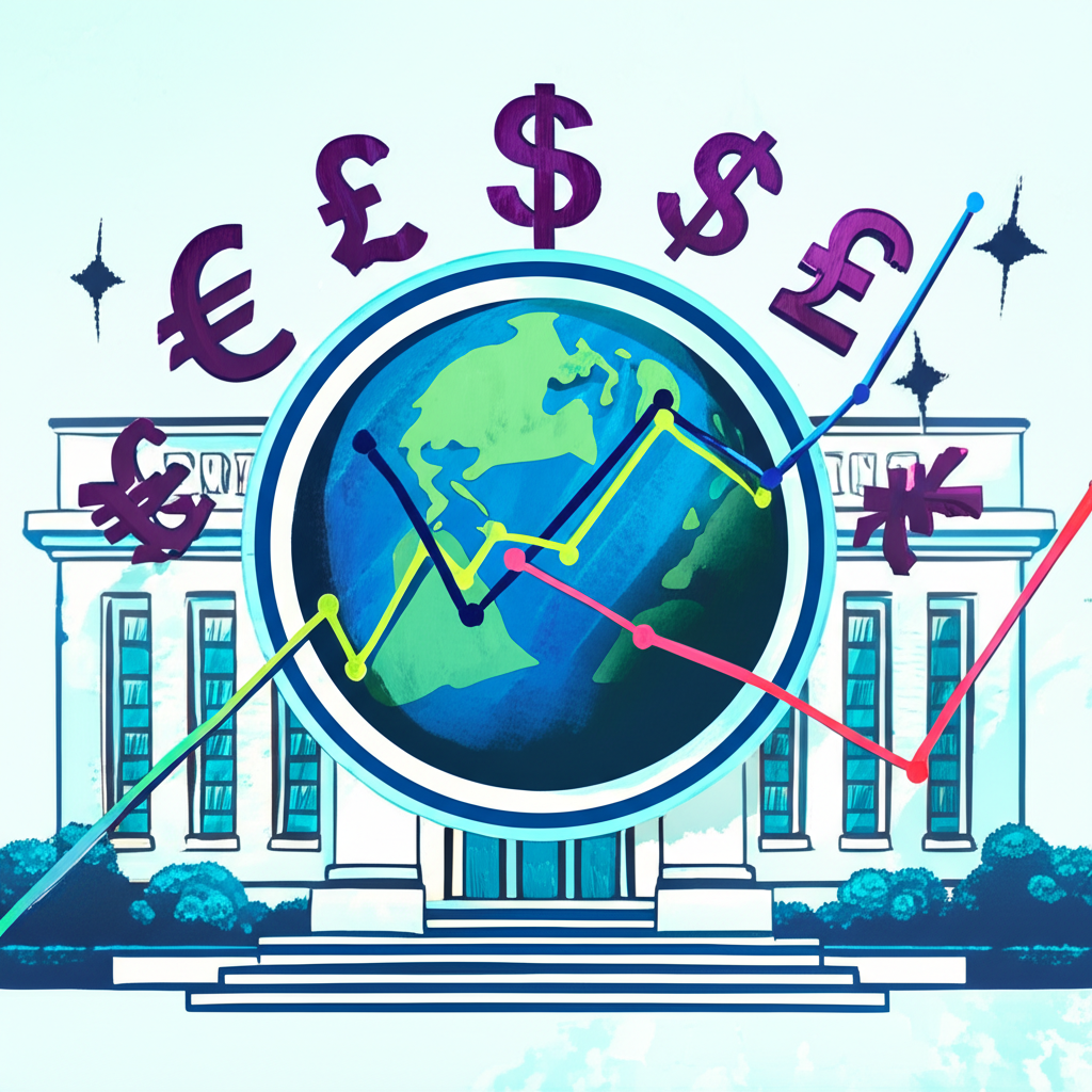 Global financial influence of US Federal Reserve rate decisions illustrated with a globe, currencies, and stock charts