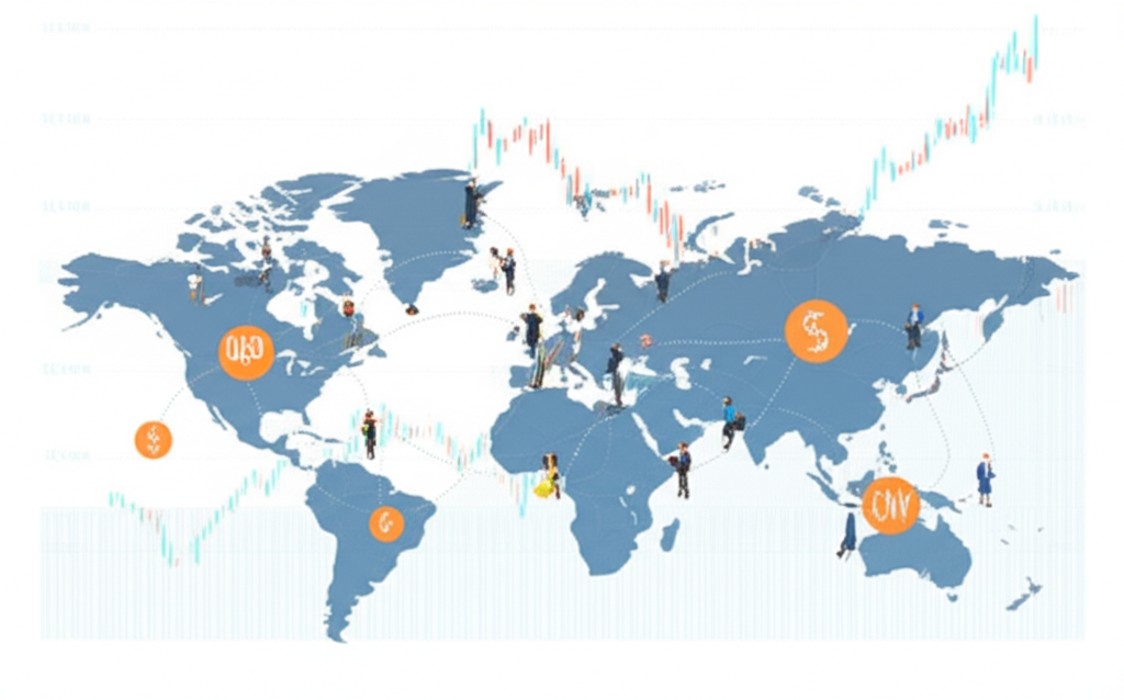 世界地圖上美元與人民幣符號連接的即時匯率變動插圖，展示跨境交易與金融圖表