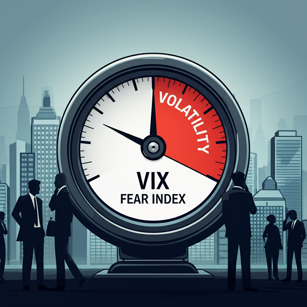 VIX恐慌指數上升的市場波動插圖,顯示擔憂投資者與城市景觀