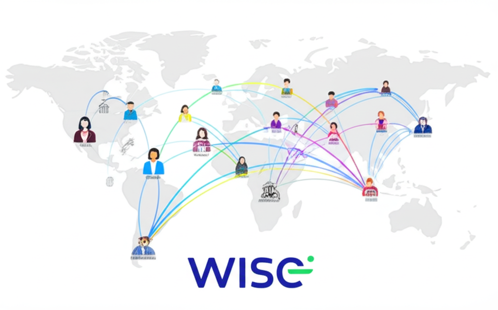 Wise 全球網絡連接人們與企業的透明低成本匯款插圖，象徵顛覆傳統銀行並提供真實市場匯率與公平性