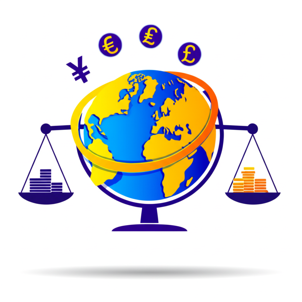 全球貨幣在地球儀周圍旋轉,平衡交易量與幣值概念的示意圖
