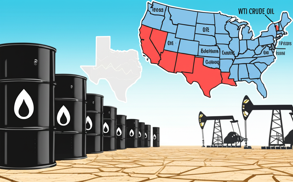 WTI 原油桶在德州沙漠景觀中的插圖,包含油井、美國地圖標註德州與庫欣,以及市場活動圖表